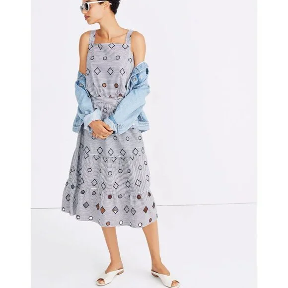 Madewell Embroidered Stripe Midi Navy White 100% Cotton Geometric Full Skirt XS - Picture 1 of 11
